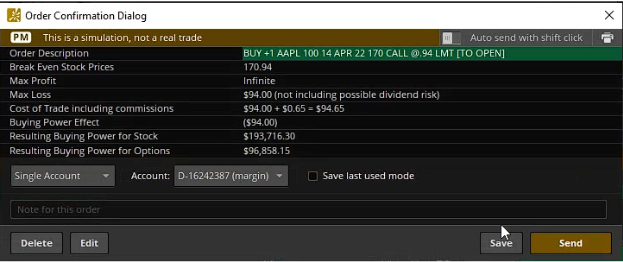 How to buy call options: Order confirmation