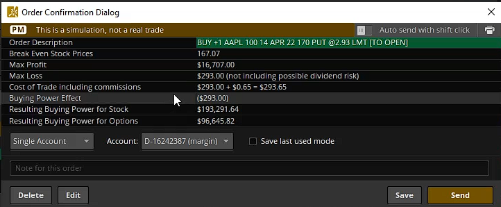 How to buy put options: confirmation image.