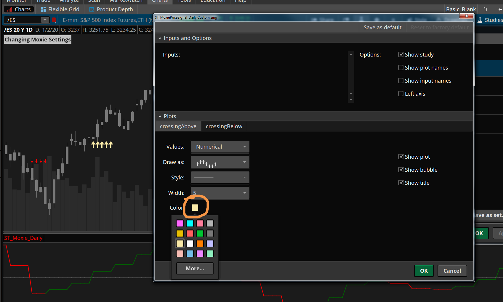 Moxie Indicator Settings in Thinkorswim